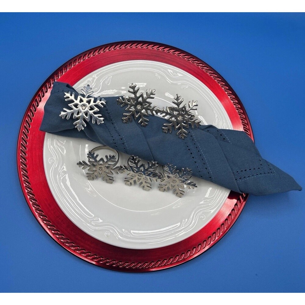 6 Silver Snowflake Napkin Rings Metal Christmas Winter Holiday Table Decor